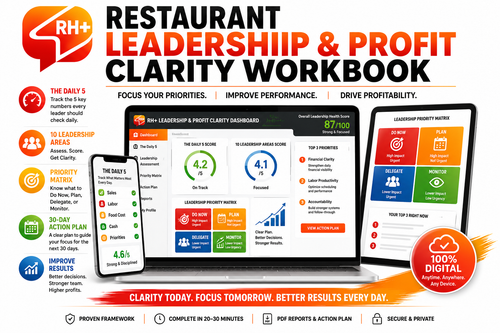 Restaurant Leadership & Profit Clarity Workbook cover with charts, icons, and title text